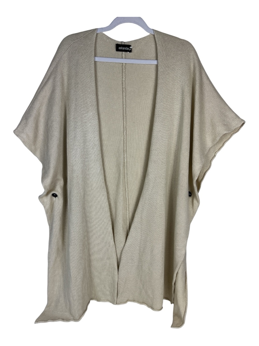 Eskandar OSFM Beige/Dark Cream Open-Front Knit Linen Poncho Cardigan